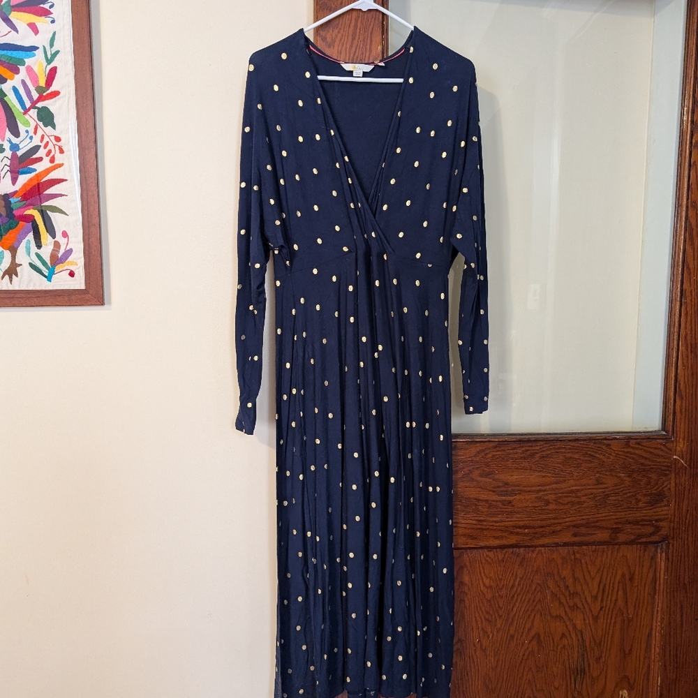 Boden Navy Blue Gold Foil Dot Dolman Sleeve Midi Dress